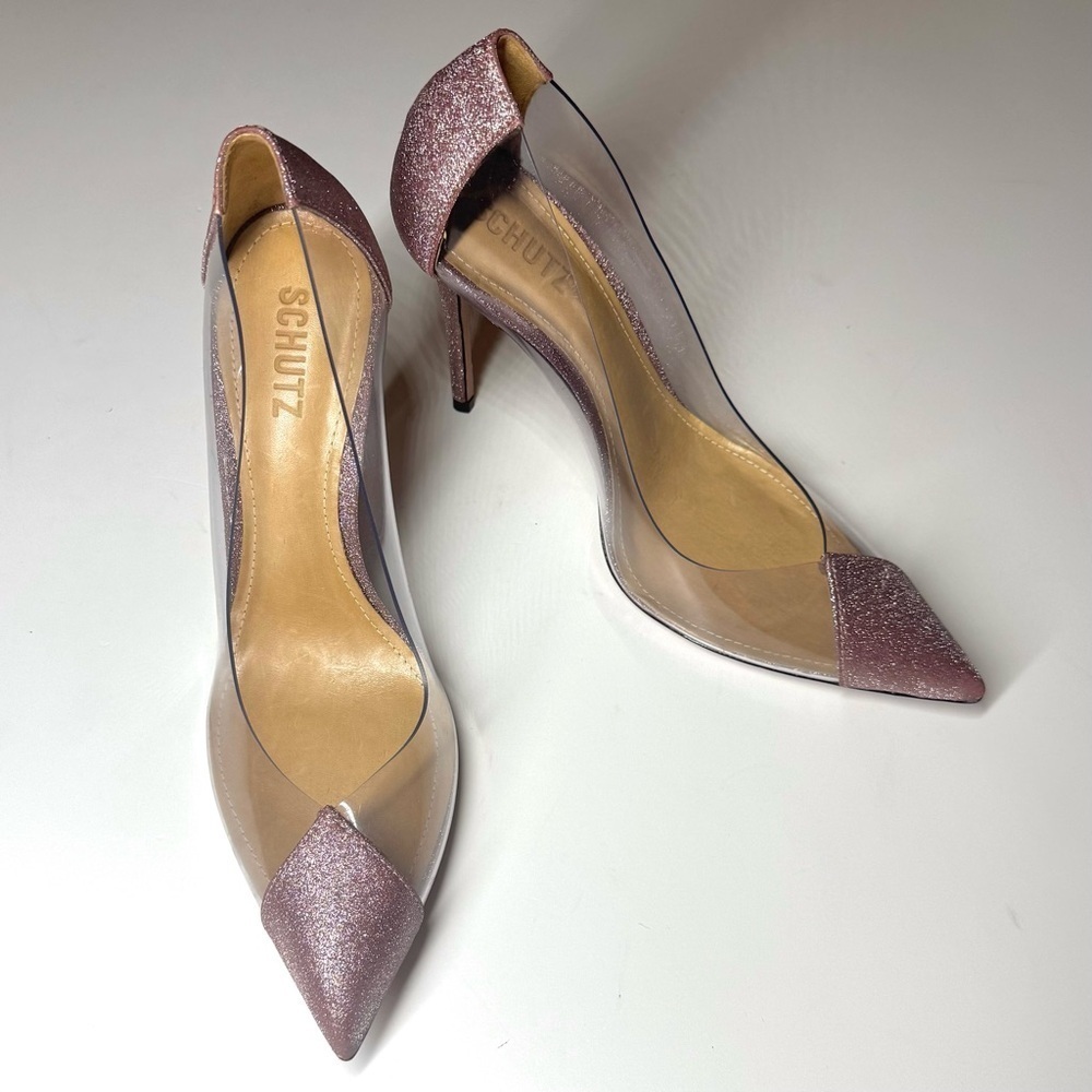 Schutz Women’s Cendi Transparent Pump In Pink Rose Glitter Size- 9B